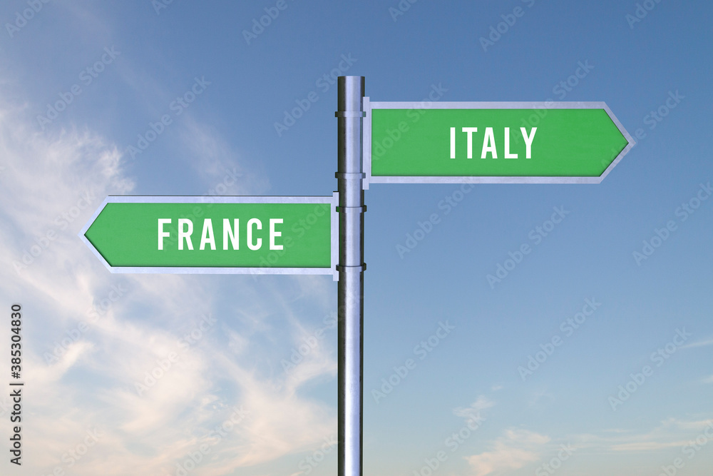 Sign indicating the direction of the borders between two countries France, Italy , 3d render. Sign indicating the direction of the borders between two countries France, Italy , 3d render.