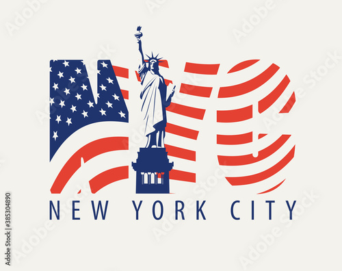 NYC letters in the colors of the American flag with the Statue of Liberty on a light background. Vector poster, banner, flyer, t-shirt design, greeting card or design element