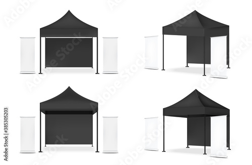 3D Mock up Realistic Tent Display POP Booth With Banner for Sale Marketing Promotion Exhibition Background Illustration
