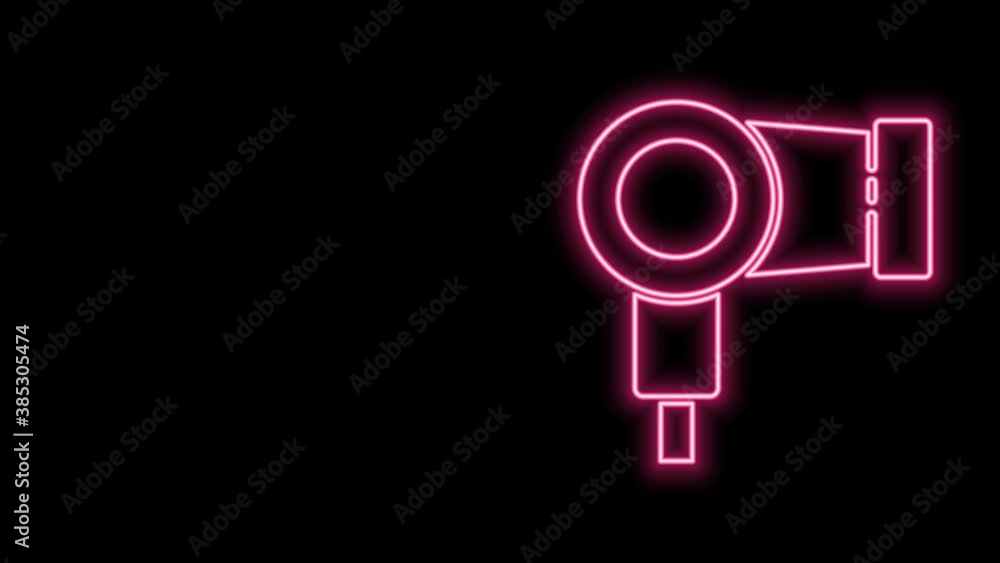 Glowing neon line Hair dryer icon isolated on black background. Hairdryer sign. Hair drying symbol. Blowing hot air. 4K Video motion graphic animation Glowing neon line Hair dryer icon isolated on black background. Hairdryer sign. Hair drying symbol. Blowing hot air. 4K Video motion graphic animation