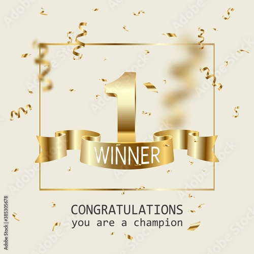 Winner banner. 1 place in competition. Shining golden number one with golden ribbon and winner text, falling confetti.