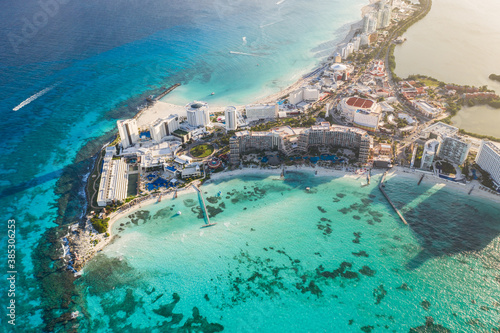 Aerial view of hotel resorts at Punta Cancun in Cancun, Mexico. photo