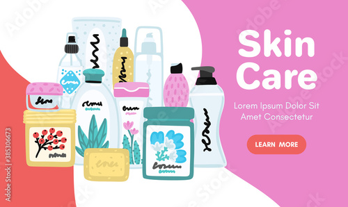 Vector cosmetic products. Natural cosmetics. Beauty care. Many jars and bottles. Facial skin care. Online store. Landing page template. Background is for banner, header, advertising, mailing list