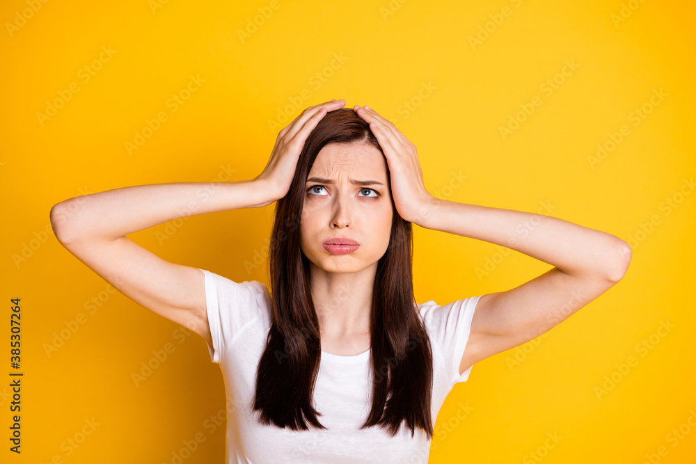 Portrait of frustrated girl touch hands head feel pain migraine make mistake fail look copyspace wear casual style clothes isolated over bright color background