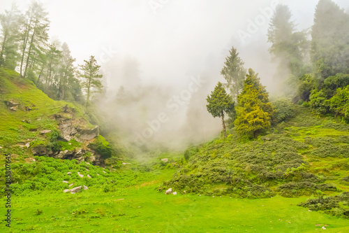 Silhouette of  forested himalayas mountain slope with the evergreen conifers shrouded in misty landscape view from prashar lake base camp at height of 2730 m  near Mandi, Himachal Pradesh, India. photo