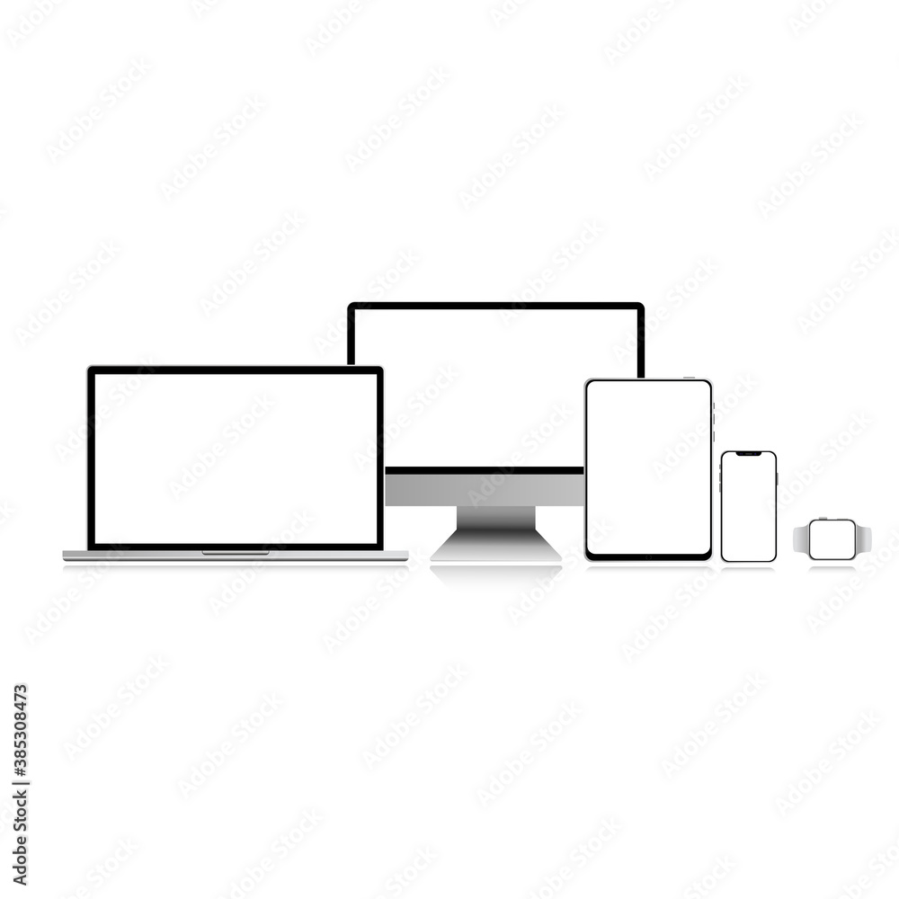 The laptop is realistic. Layout style device. Realistic device on a white background. Laptop monitor tablet smartphone smart watch. With a shadow. Vector EPS10 The laptop is realistic. Layout style device. Realistic device on a white background. Laptop monitor tablet smartphone smart watch. With a shadow. Vector EPS10