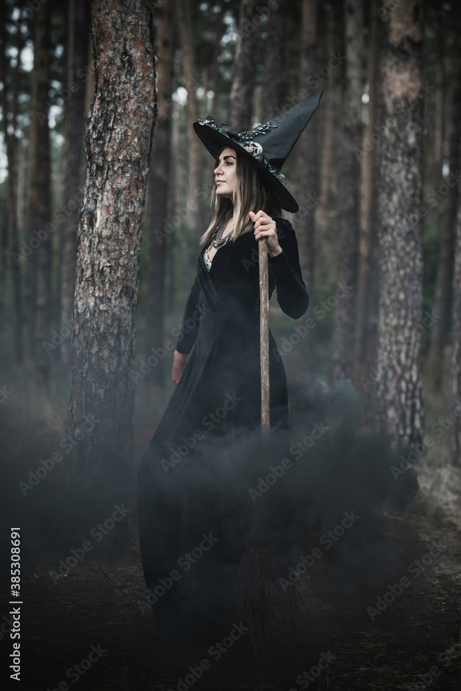 Naklejka premium Halloween holiday witch Lady in Mystical atmosphere, , witchcraft concept, ideas for Party 