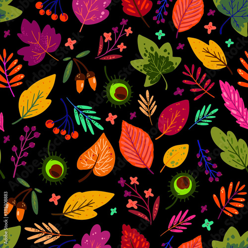 Seamless vector pattern with autumn leaves.Acorns.Flowers. Perfect for wallpaper, gift paper, pattern fills, web page background, autumn greeting cards. Scandinavian design. Black background. Trendy © Marina