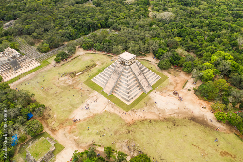 Aerial top down view of Chichen Itza pyramids, Mexico. photo