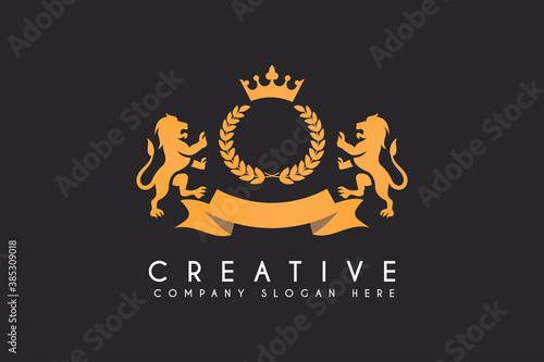 two lion with crown vector logo design isolated on black background