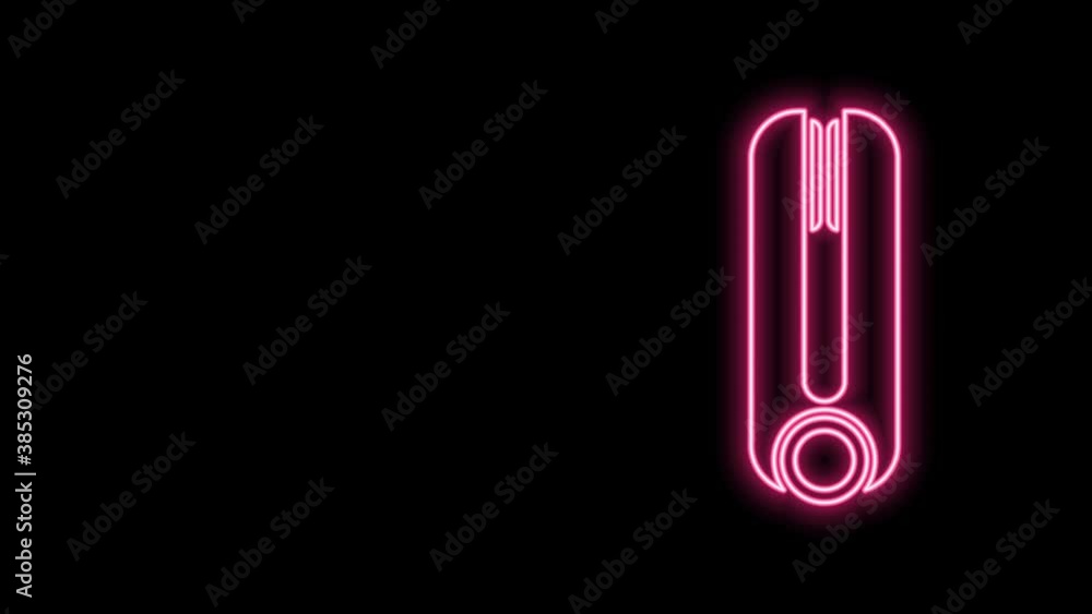 Glowing neon line Curling iron for hair icon isolated on black background. Hair straightener icon. 4K Video motion graphic animation Glowing neon line Curling iron for hair icon isolated on black background. Hair straightener icon. 4K Video motion graphic animation