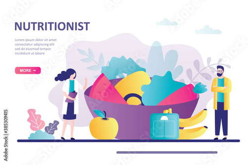 Diet plan with healthy food and physical activity. Concept of calorie control, individual dietary service. Man and woman nutritionist profession