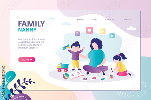 Nanny playing with children in toys. Mother sitting with son and daughter. Female character taking care of kids. Landing page template