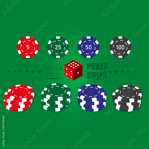 Poker set of casino chips icons with shadow. Red, green, blue, black poker chips. Vector isolated on green background. Vector EPS10