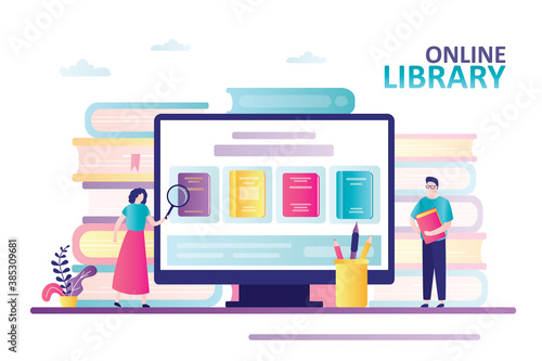 Cute woman with magnifying glass looking for book. Bookstore on computer screen. Male character holds book. Concept of online library, web archive and education