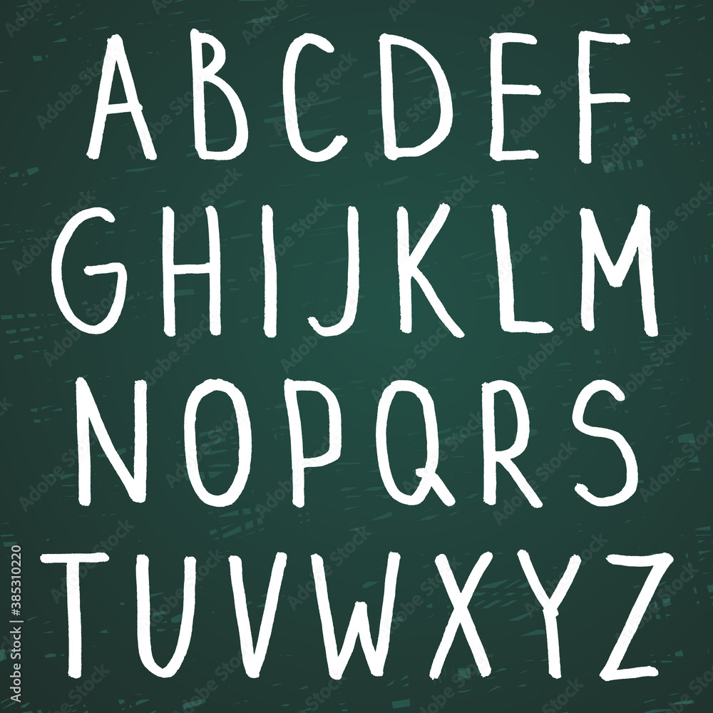 Hand-drawn alphabet. Calligraphy font. Modern chalk lettering. Letters on the green board Hand-drawn alphabet. Calligraphy font. Modern chalk lettering. Letters on the green board