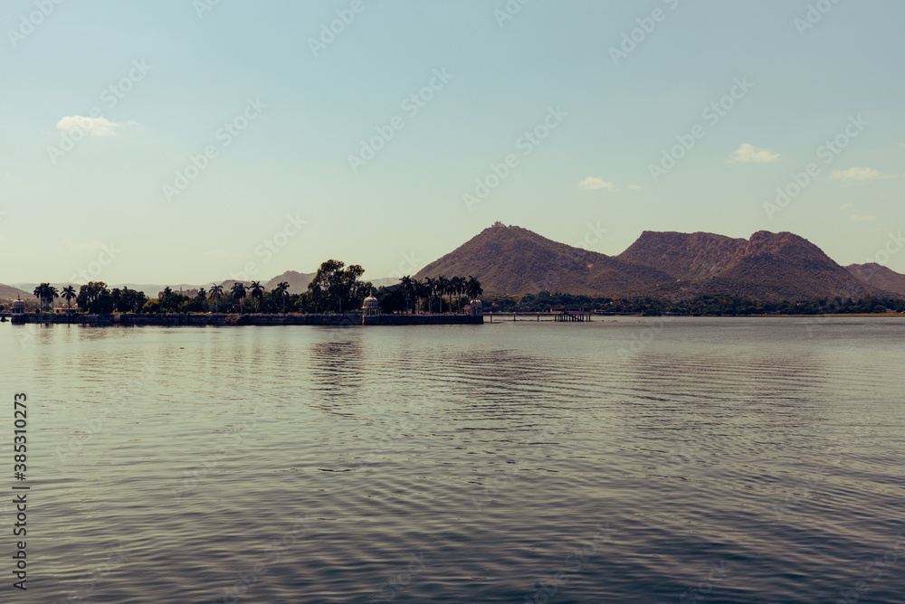 Mesmerizing view of Fateh Sagar Lake situated in the city of Udaipur, Rajasthan, India. It is an artificial lake constructed north-west of city, named after king Fateh Singh of Udaipur.