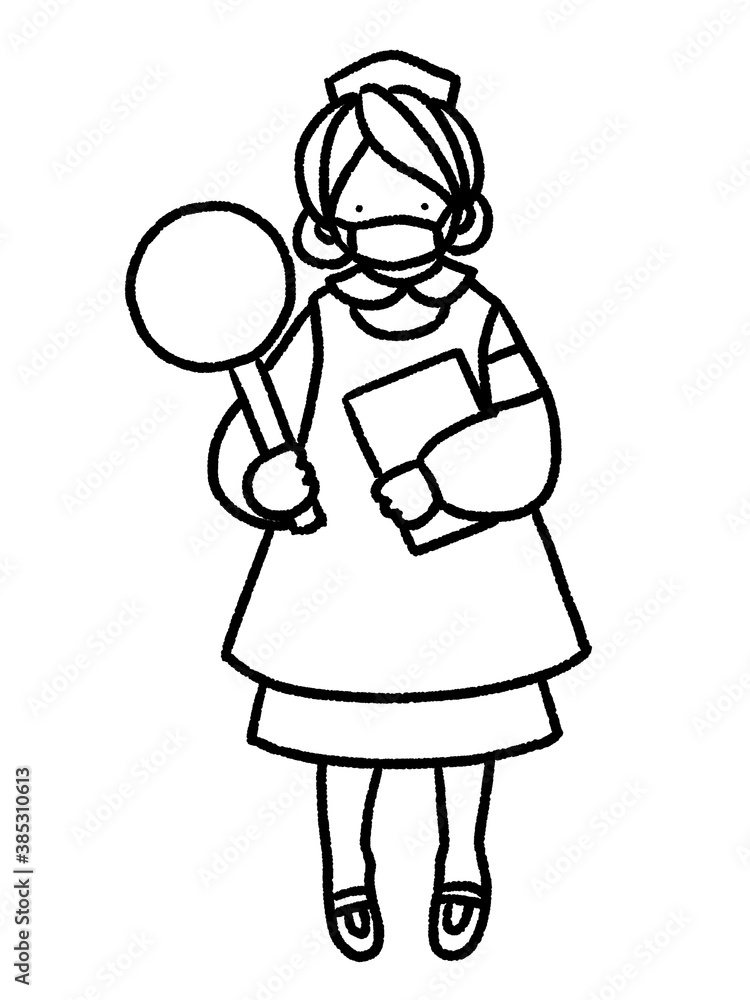 コロナにも対応 マスクをしたナースが札を持って分かりやすく案内する手描きイラスト(線画のみ) コロナにも対応 マスクをしたナースが札を持って分かりやすく案内する手描きイラスト(線画のみ)
