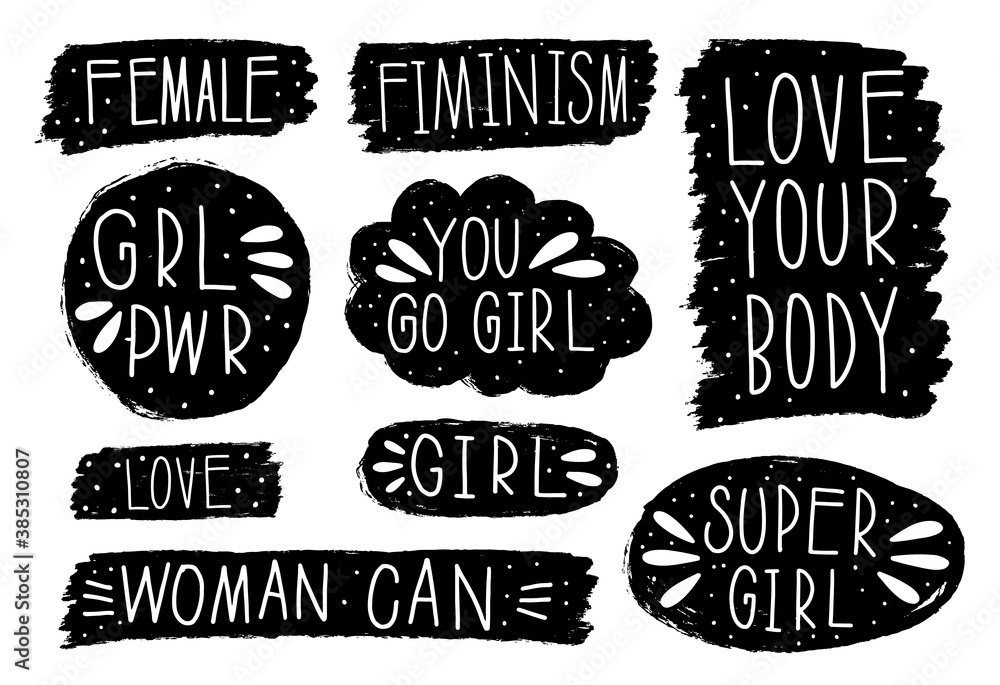 Fototapeta premium Collection hand drawn communicate feminism speech. Design element slogan doodle business message.