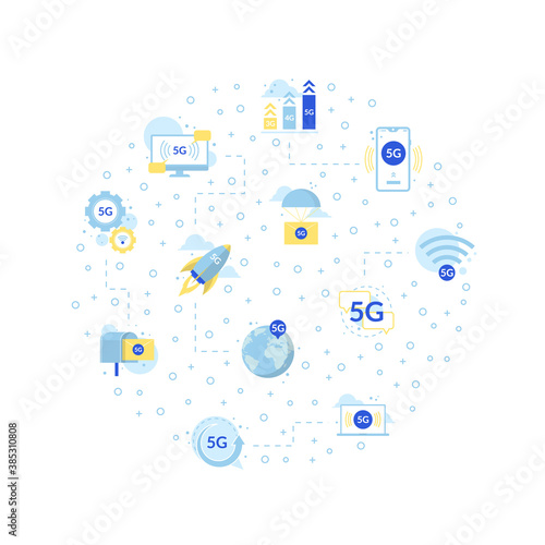 Cartoon Color Fifth Generation Mobile Concept Round Design Banner. Vector