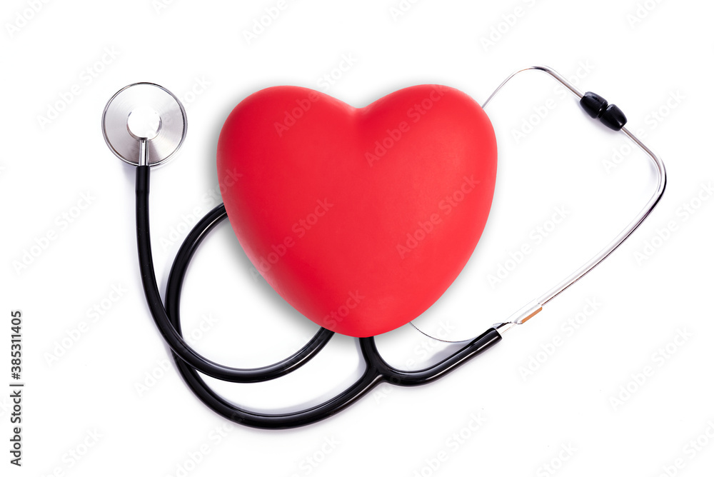Health Care treatment concept - red heart shape with medical stethoscope on a white background Health Care treatment concept - red heart shape with medical stethoscope on a white background