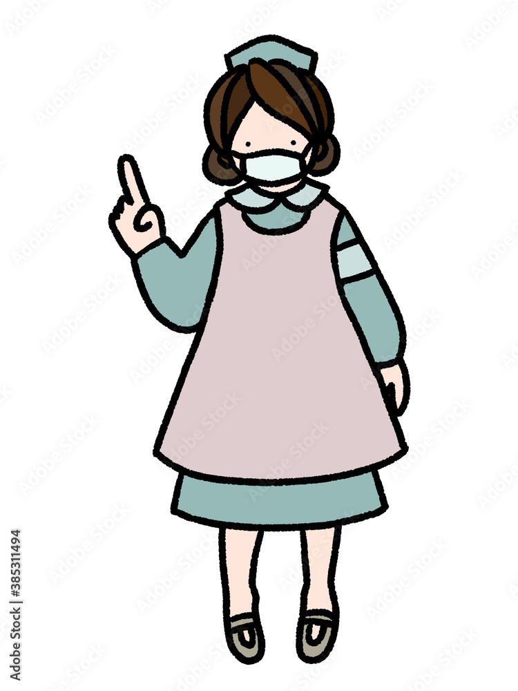 コロナにも対応 指差しで分かりやすく説明をしているマスクをしたナースの手描きイラスト コロナにも対応 指差しで分かりやすく説明をしているマスクをしたナースの手描きイラスト