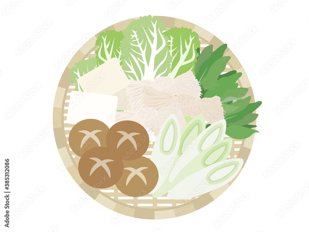 ザルにのせた鍋の野菜の具材のイラスト Stock ベクター Adobe Stock