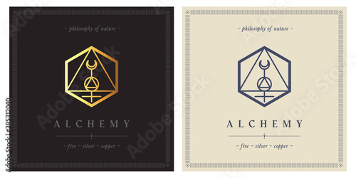 Alchemy gold logo. Symbol of fire, silver and copper. Sacred geometry