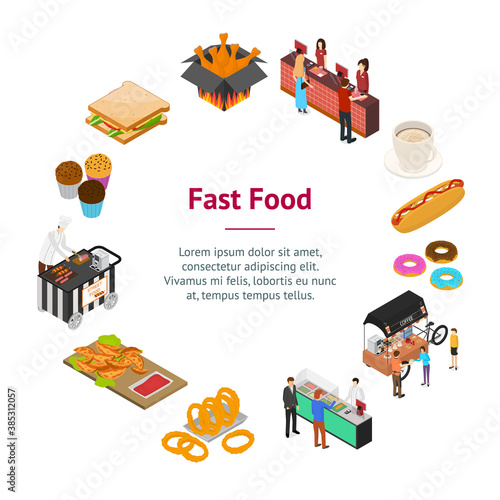 Fast Food Cart Cafe Concept Banner Card Circle 3d Isometric View. Vector