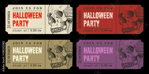 Vintage retro Halloween ticket set. Skull illustration