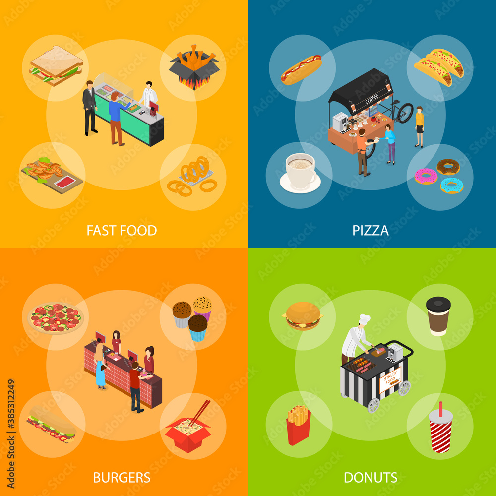 Naklejka premium Fast Food Cart Cafe Concept Banner Set 3d Isometric View. Vector