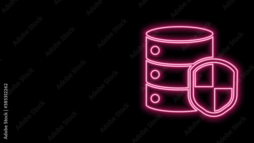 Glowing neon line Server with shield icon isolated on black background. Protection against attacks. Network firewall, router, switch, data. 4K Video motion graphic animation Glowing neon line Server with shield icon isolated on black background. Protection against attacks. Network firewall, router, switch, data. 4K Video motion graphic animation