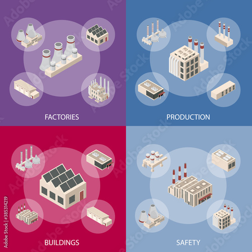 Factory Constructions or Buildings Concept Banner Set 3d Isometric View. Vector