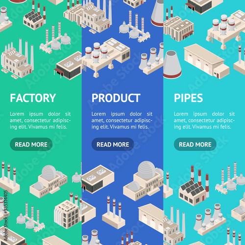 Factory Constructions or Buildings Concept Banner Vecrtical Set 3d Isometric View. Vector