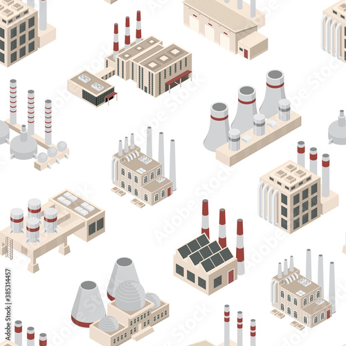 Factory Constructions or Buildings Concept Seamless Pattern Background 3d Isometric View. Vector