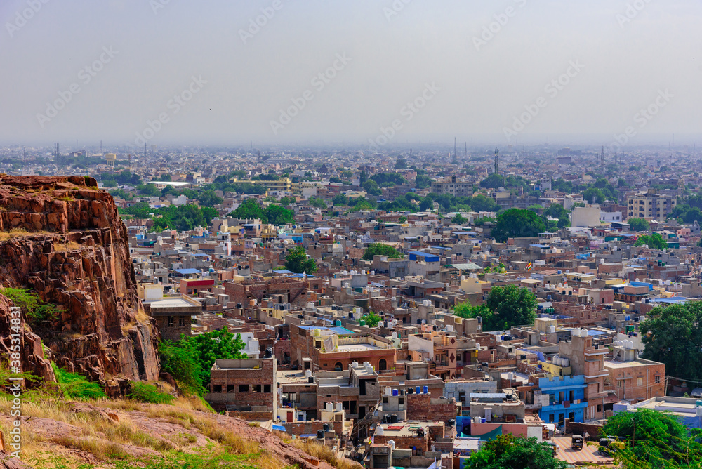 Panoramic view of Sun city Jodhpur also known as 'Blue City' due to the vivid blue-painted Brahmin houses. It is a popular tourist destination & second largest city in State of Rajasthan, India.