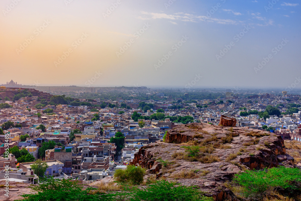 Fototapeta premium Panoramic view of Sun city Jodhpur also known as 'Blue City' due to the vivid blue-painted Brahmin houses. It is a popular tourist destination & second largest city in State of Rajasthan, India.