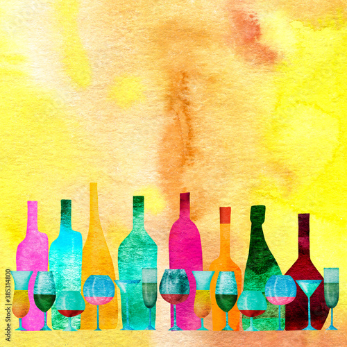 Stylized colorful silhouettes of bottles  and glasses. Watercolor. Wine colored background with space for your text.