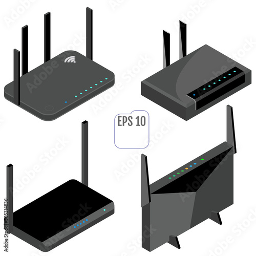 Router isometric icons set. Vector