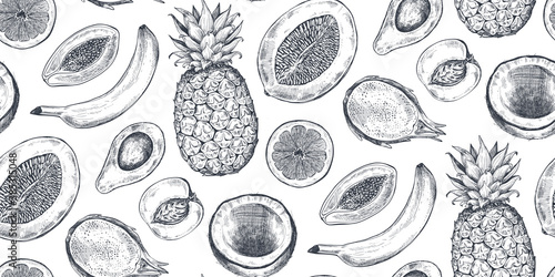 Vector seamless pattern with hand drawn fruits in sketch style. Farm market products.