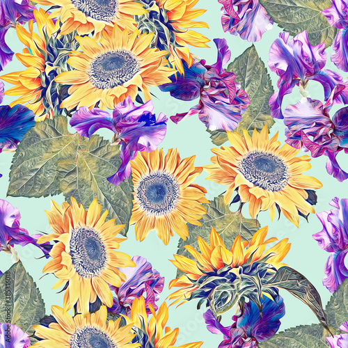 Sunflowers with irisflowers seamless pattern. Watercolor illustration, handpainted art. photo
