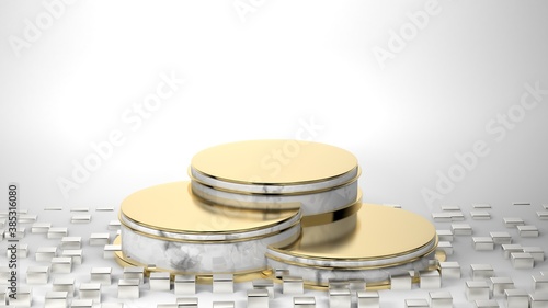 Clean marble and gold podium on white background for products with silver cubes, 3D render illustration
