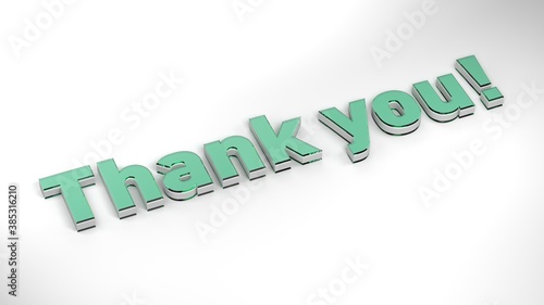 Green glass and white 'Thank you!' text onwhite background, 3D render illustration