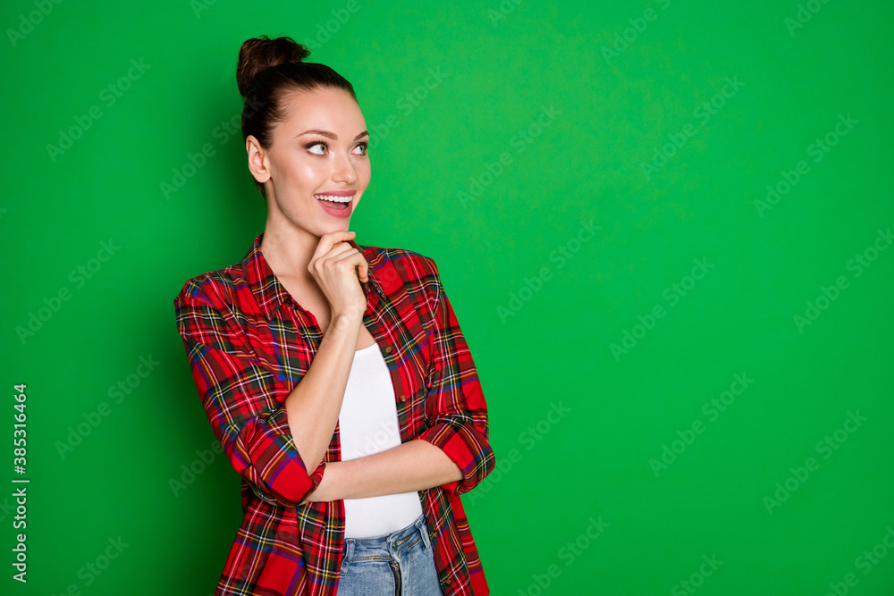 Turned photo of positive cheerful girl touch chin fingers look copyspace think thoughts enjoy summer holiday plan wear checked shirt isolated over shine color background Turned photo of positive cheerful girl touch chin fingers look copyspace think thoughts enjoy summer holiday plan wear checked shirt isolated over shine color background