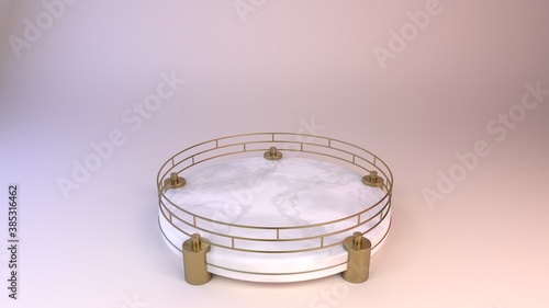 White stage with spheres and gold frame on pink background, 3D render illustration