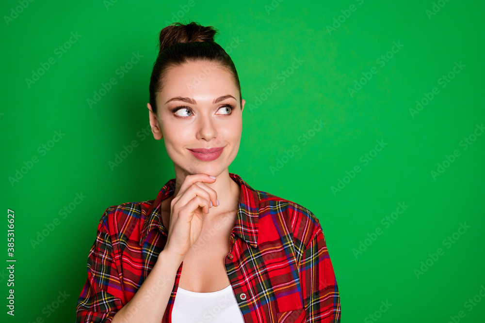Close-up portrait of her she nice attractive creative smart clever brown-haired girl wearing checked shirt overthinking touching chic isolated over bright vivid shine vibrant green color background Close-up portrait of her she nice attractive creative smart clever brown-haired girl wearing checked shirt overthinking touching chic isolated over bright vivid shine vibrant green color background