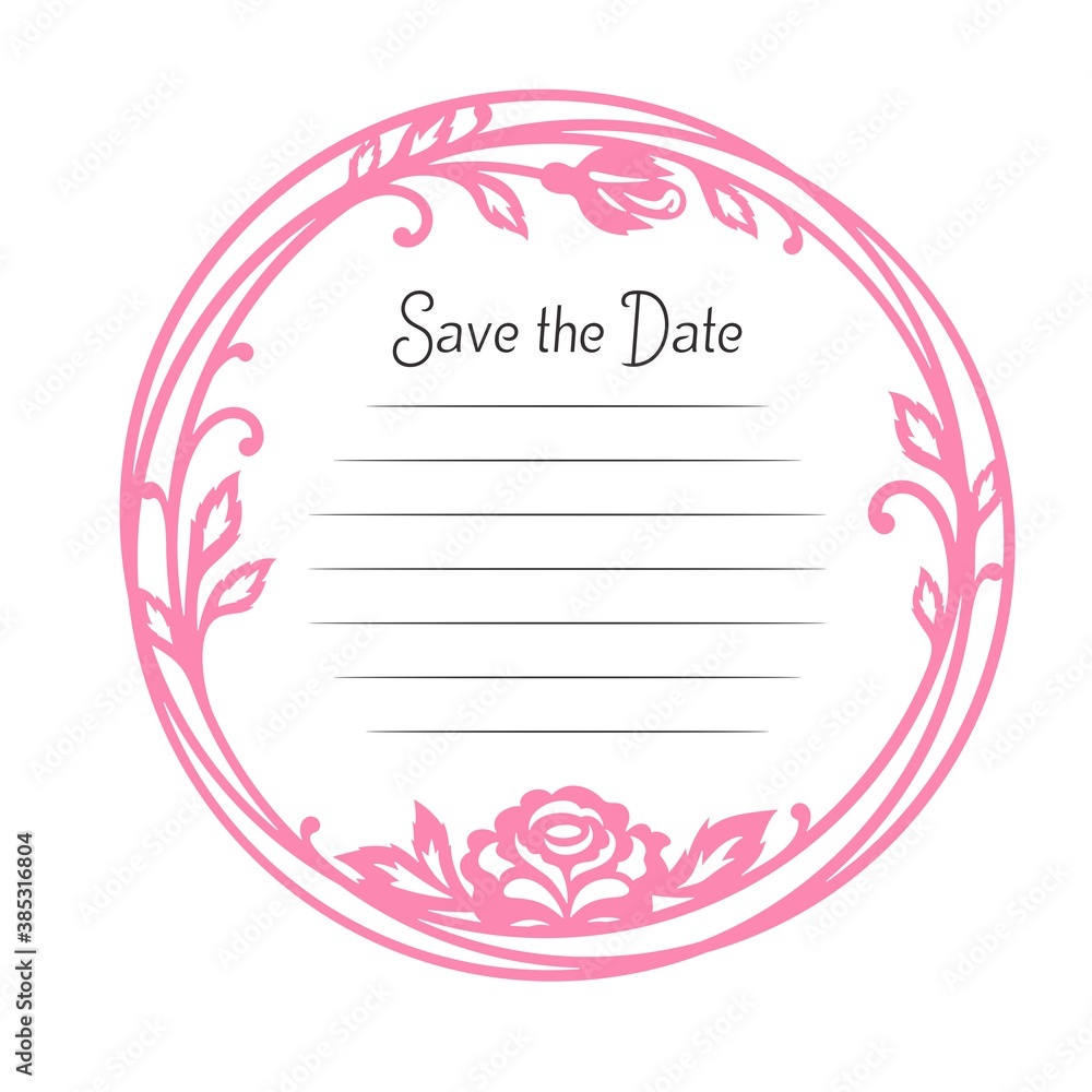 Pink round frame with floral pattern. The lines are intertwined with flowers, curls, twigs, leaves and rosebuds. Decoration template for wedding invitation, greeting card, certificate. Vector image. Pink round frame with floral pattern. The lines are intertwined with flowers, curls, twigs, leaves and rosebuds. Decoration template for wedding invitation, greeting card, certificate. Vector image.