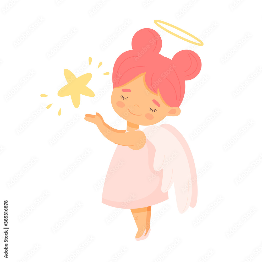Cute little angel girl holding a star in her hands. Vector cartoon  illustration for baby products and books. Stock Vector | Adobe Stock