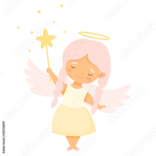 A little angel girl with wings and a halo on her head is holding a magic wand with a star.
