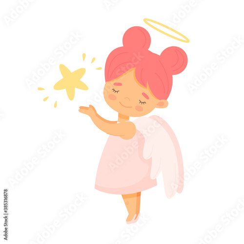Cute little angel girl holding a star in her hands. Vector cartoon illustration for baby products and books.